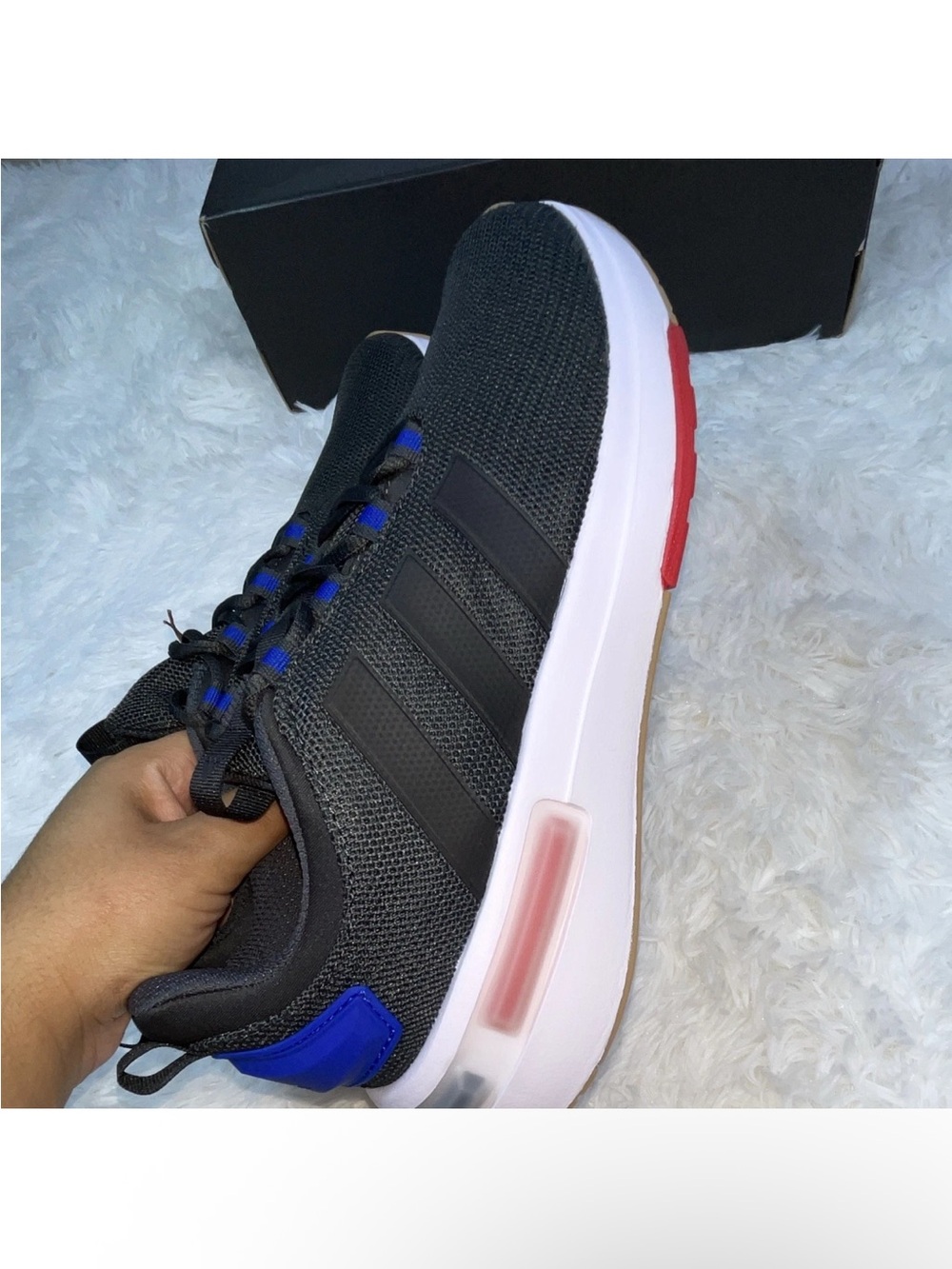 Adidas Men’s Racer TR23 Black Sneakers with Blue and White Accents size 10 New